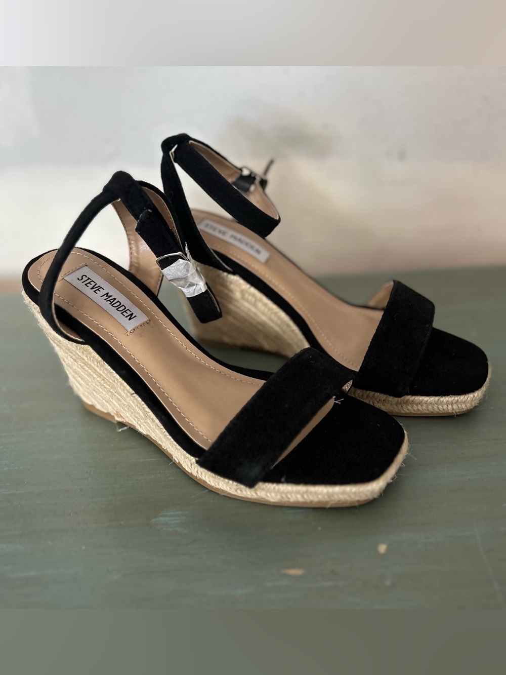 Steve Madden Black Suede Espadrille Wedge Sandals with Ankle Strap